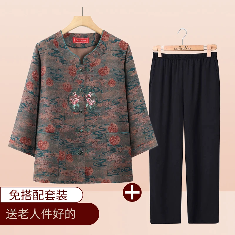 中老年人夏季衬衫套装女奶奶上衣两件套妈妈套装70岁80老人衣服