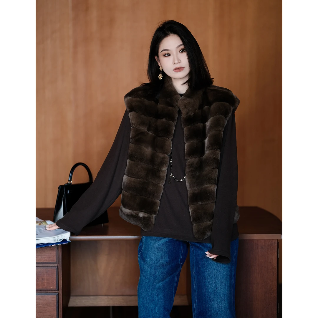 PRASE·噜【松露可可】显瘦雷克斯獭免毛马甲皮毛一体皮草PRZM7210