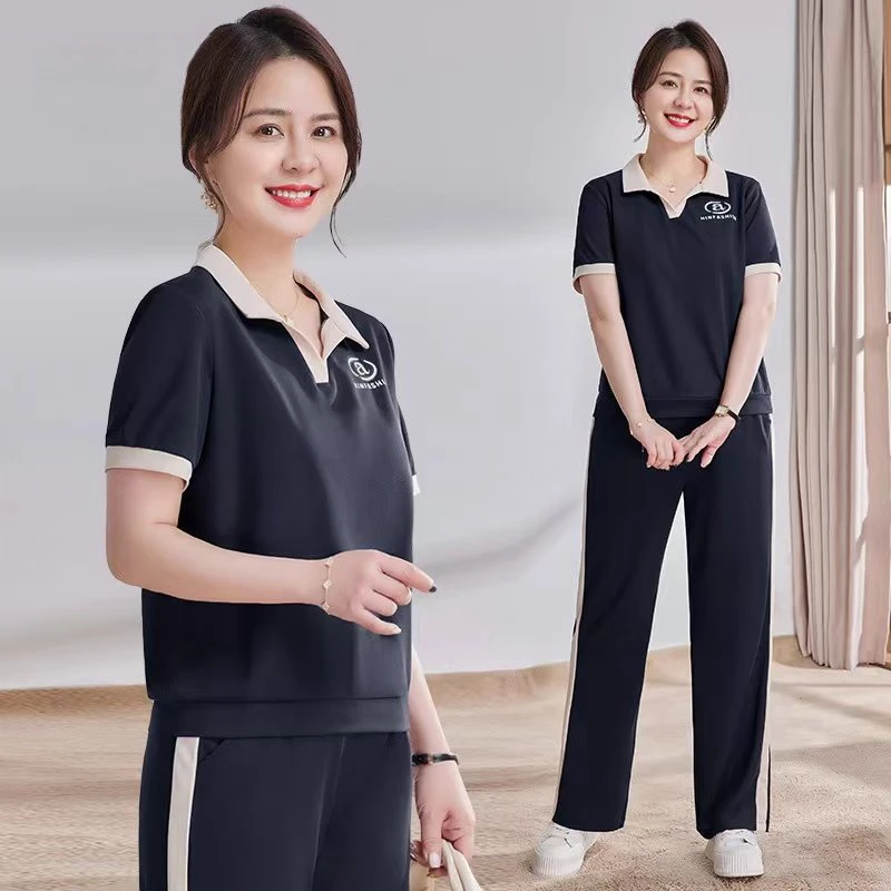 中年妈妈套装夏装运动服2025新款中老年女夏季短袖T恤休闲两件套