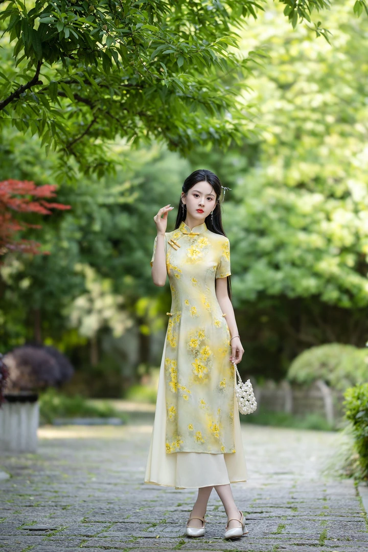 2025短袖薄款斜襟送考旗袍文艺中国风印花少女中长款正宗苏州旗袍