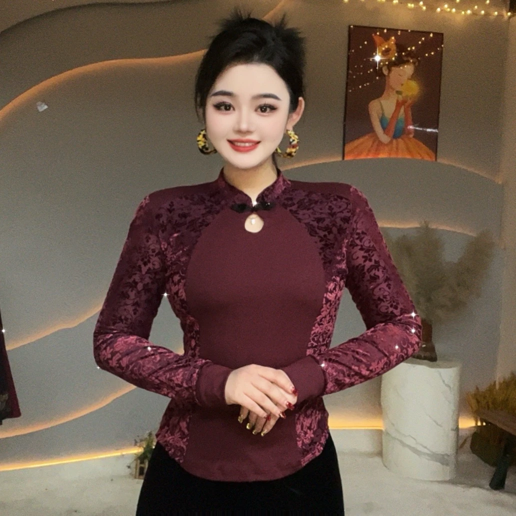 【开春新款】复古新中式国风绒锦镶花春款长袖打底衫