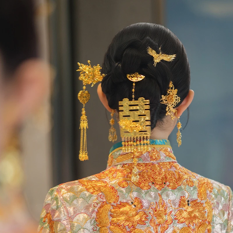 合金婚庆饰品 新中式简约大气新娘后区金色喜字流苏配饰品MF2421