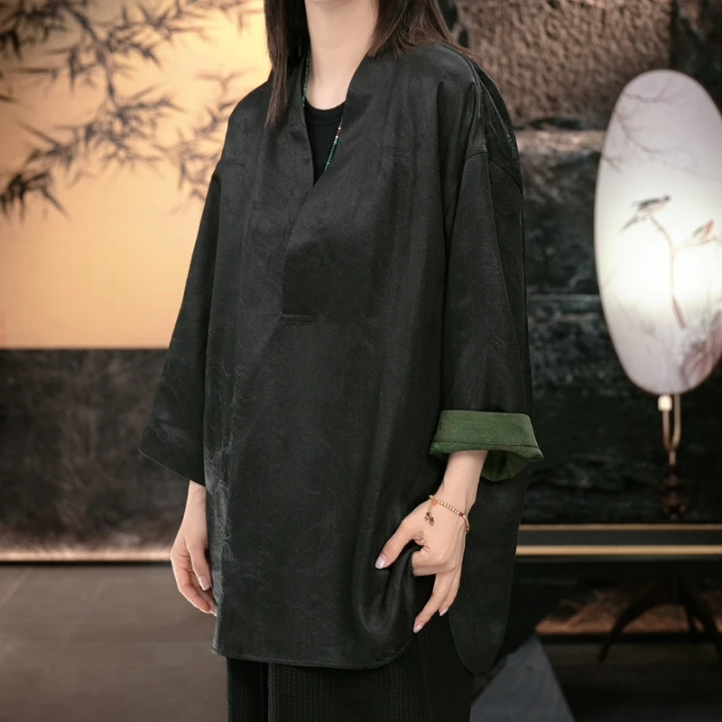 【再易】2025新款青山建宏绉香云纱桑蚕丝男士双穿短袖上衣ZY0263S