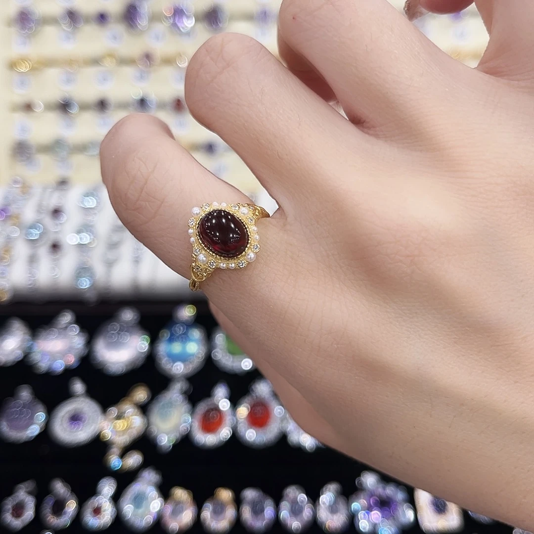 戒指石榴石银S925镶嵌