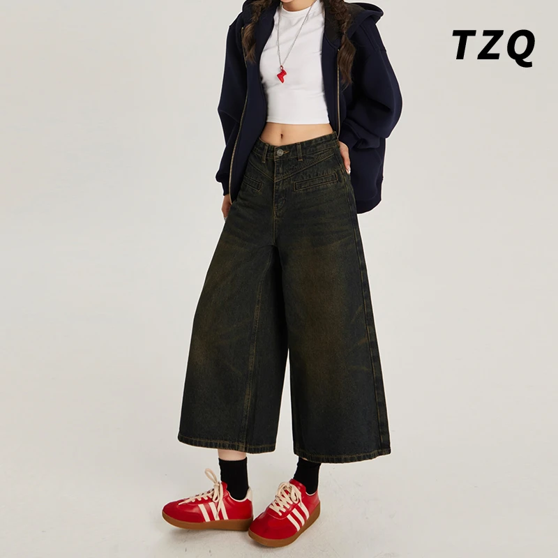 美式复古怀旧宽松阔腿裤百搭直筒七分裤牛仔裤女新款TZQ111112