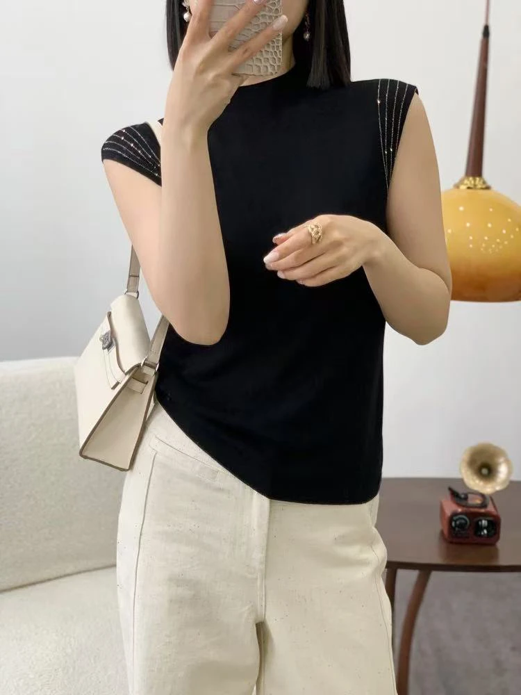 天丝背心无袖修身型烫钻T恤女士时尚百搭针织气质小衫纯色