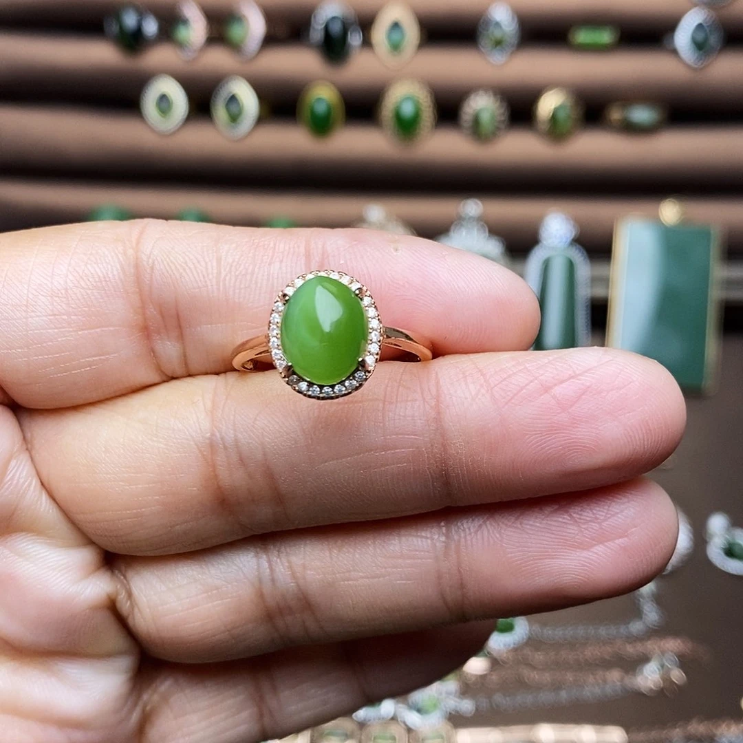 吊坠(不含链)银S925镶嵌和田玉（碧玉）戒指