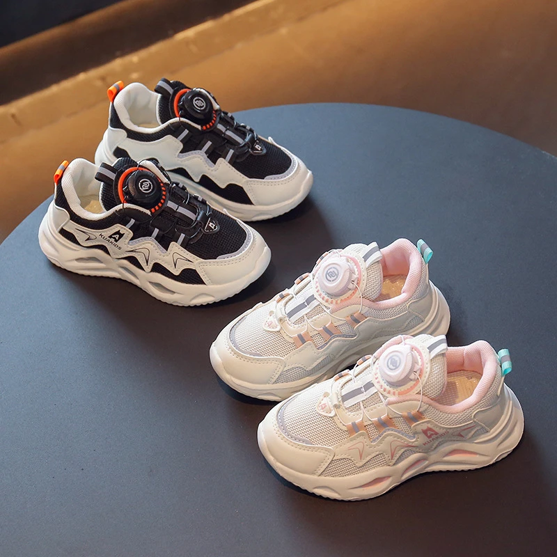 旋转纽扣2025女童新款双网女童运动鞋男童中大童旋钮儿童跑步鞋子