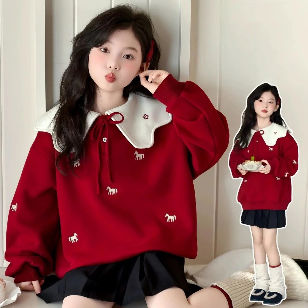 女童卫衣冬加厚2026马年本命年衣服女孩大童新款红色加绒保暖上衣