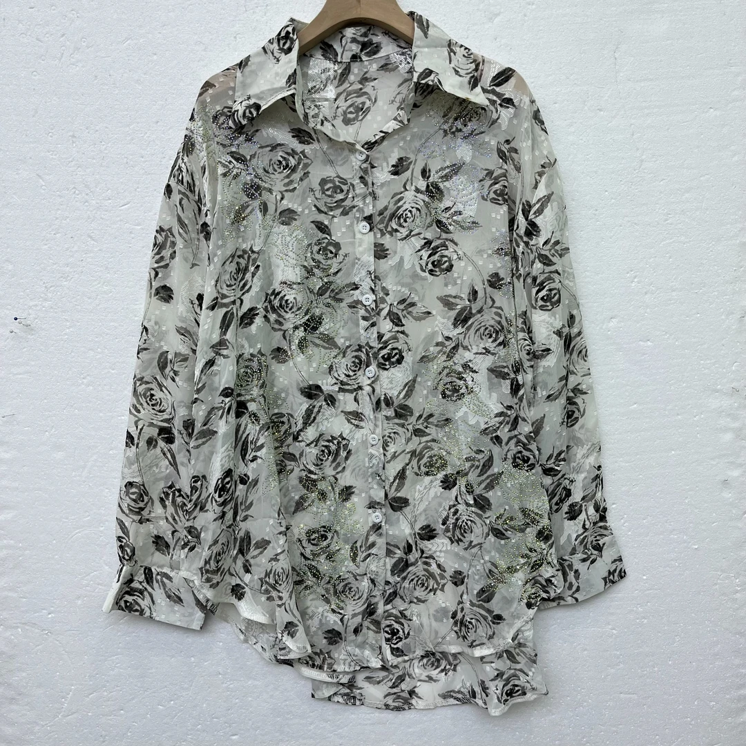 丽丽家 玫瑰印花烫钻设计感百搭显瘦上衣