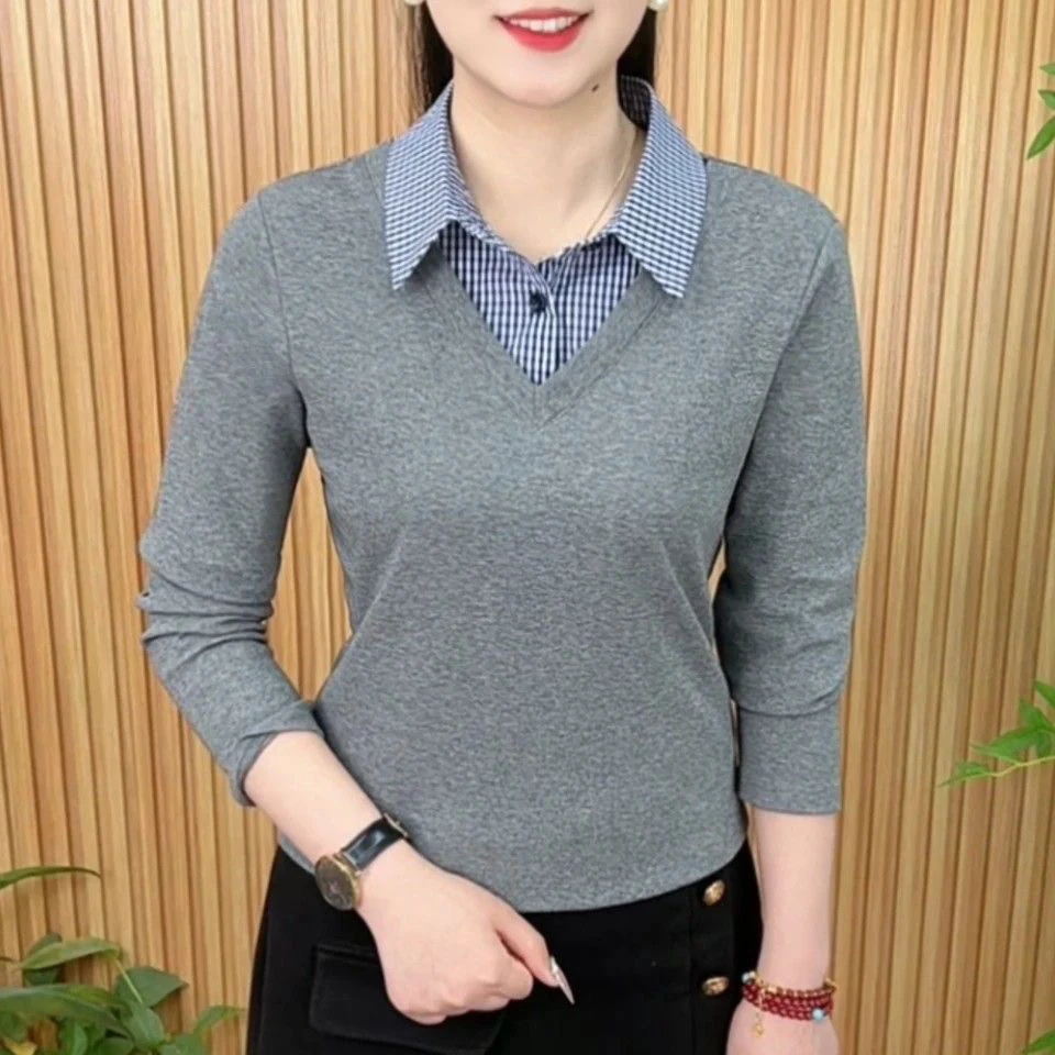 假两件格子衬衫女长袖春秋季新款2025时尚百搭减龄套头打底衫上衣