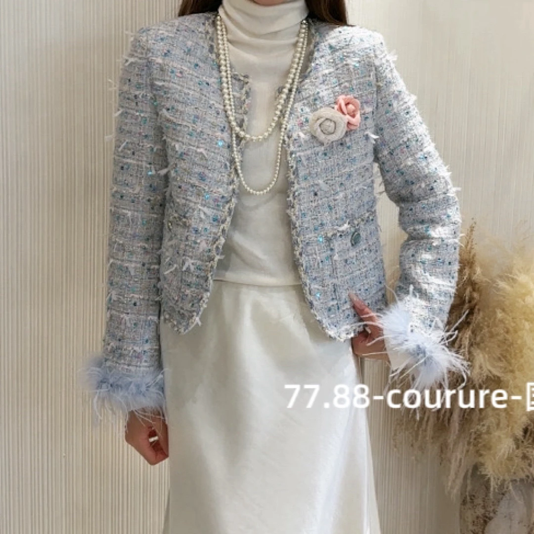 精致小女人小香风保暖羽绒服外套(配胸针)毛袖口不可拆)90116