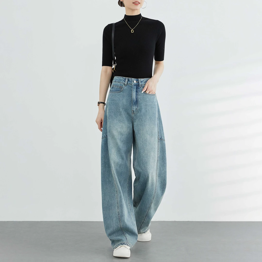 小个子夏季镰刀牛仔裤美式复古阔腿裤高腰弯刀休闲裤宽松香蕉裤薄