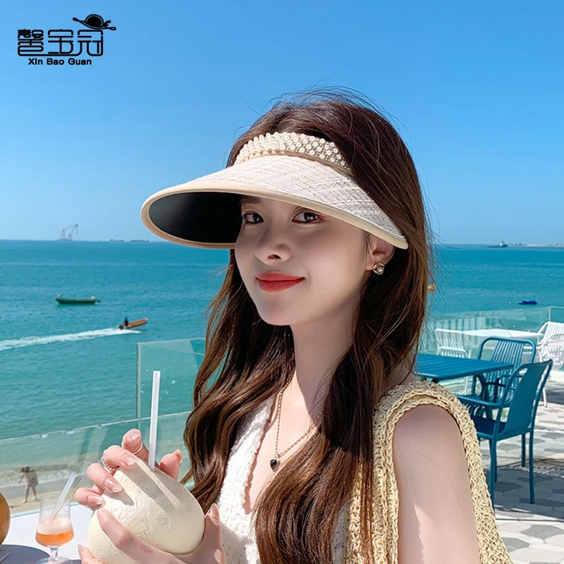 夏季防晒遮阳空顶帽韩版百搭珍珠帽子夏天女黑胶大檐发箍款太阳帽