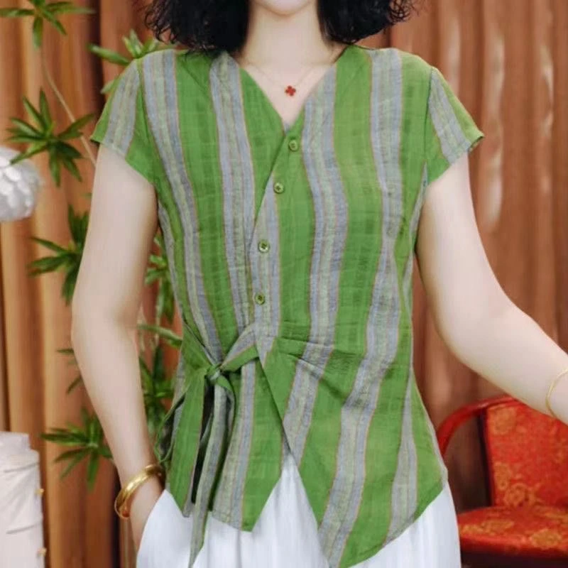 夏季新款休闲洋气短袖气质百搭V领显瘦开衫扣上衣小衫