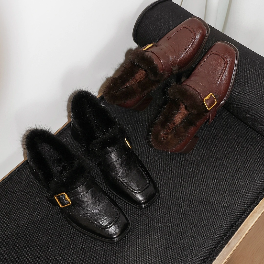 高端真皮貂毛加绒粗跟单鞋女英伦风方头中跟乐福鞋百搭深口毛毛鞋