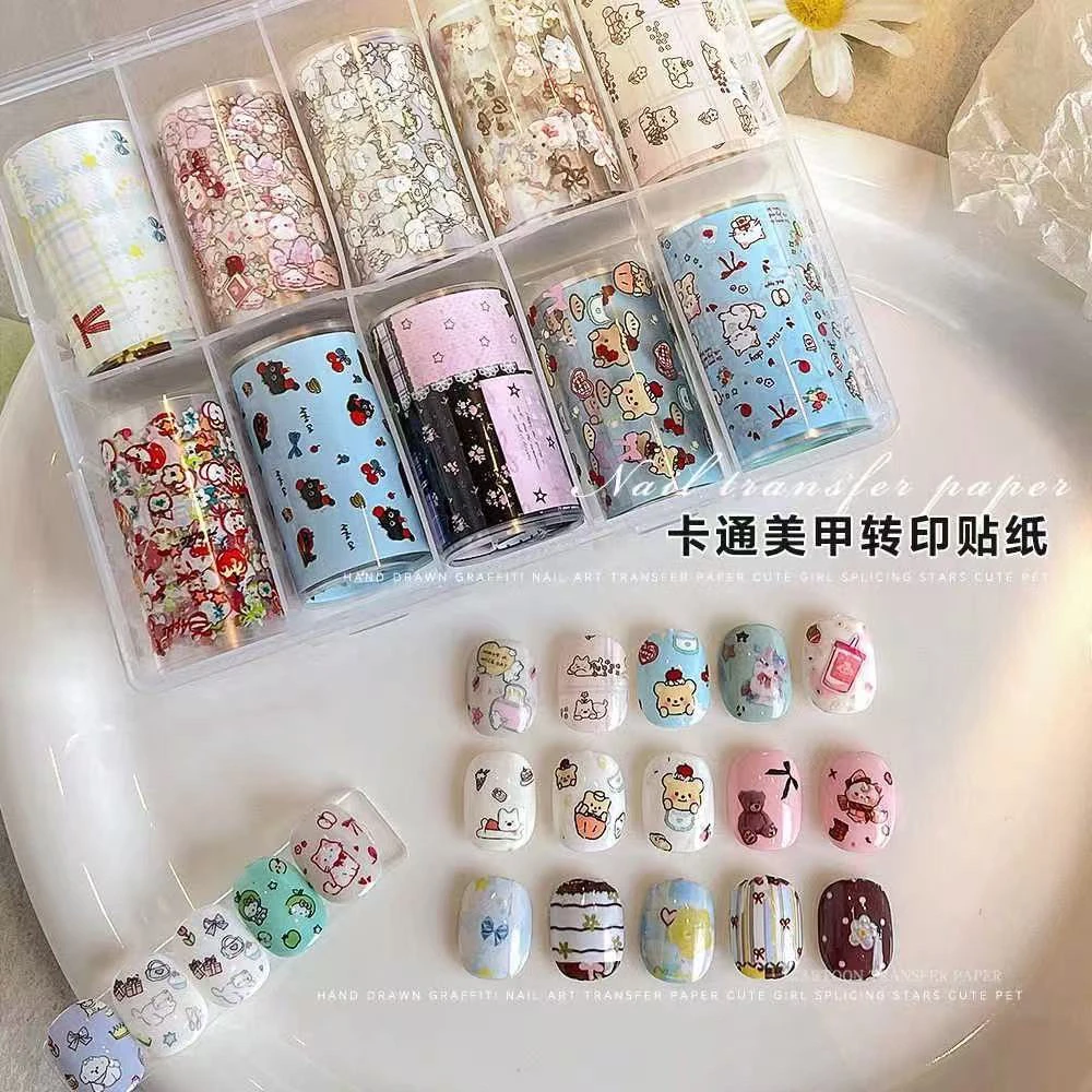 满9.9包邮美甲转印纸韩风ins格纹碎花可爱卡通小熊蝴蝶结转印纸胶