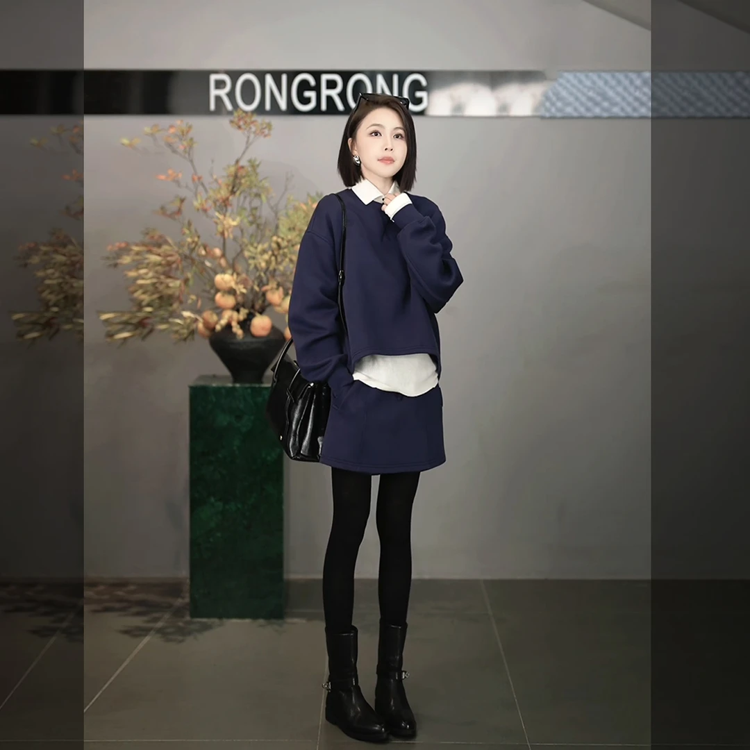 溶溶【简系少女】RONGRONG 圆领空气感休闲慵懒风卫衣套装W-Z0409