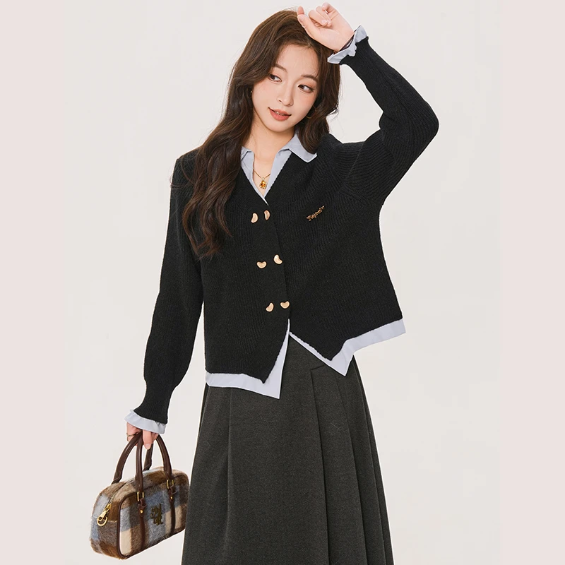 假两件POLO领毛衣女秋冬款2025新款学院风拼接针织开衫外套女秋装