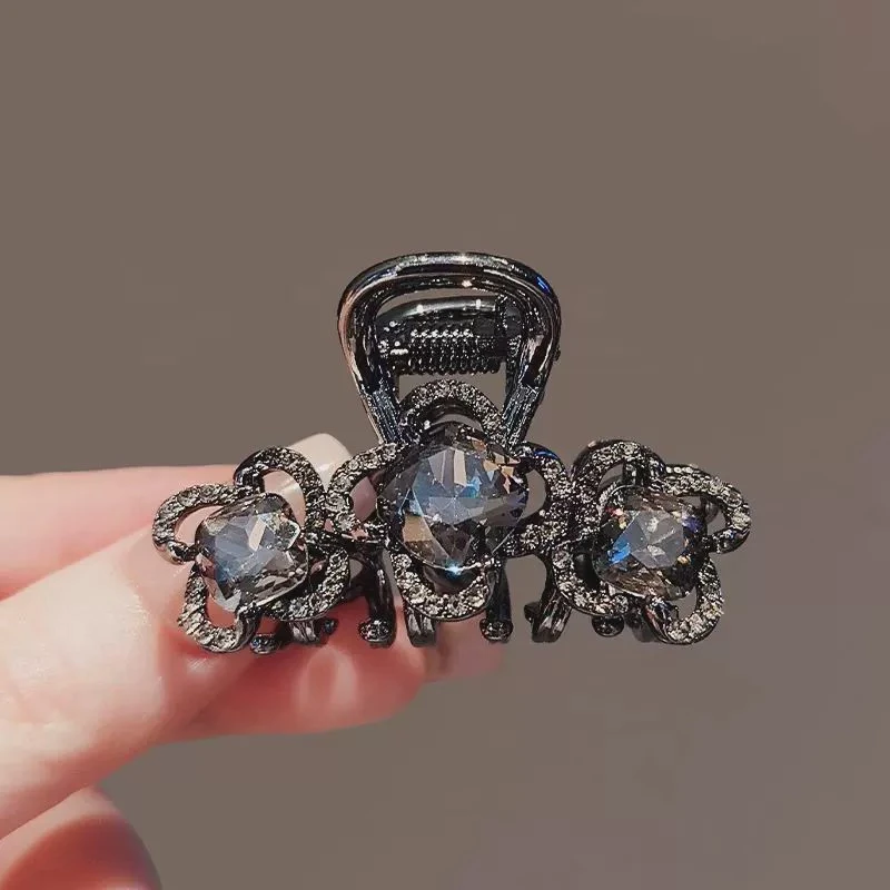 法式高级感黑色花朵水钻抓夹发量少半扎发顶夹刘海后脑勺夹子发夹
