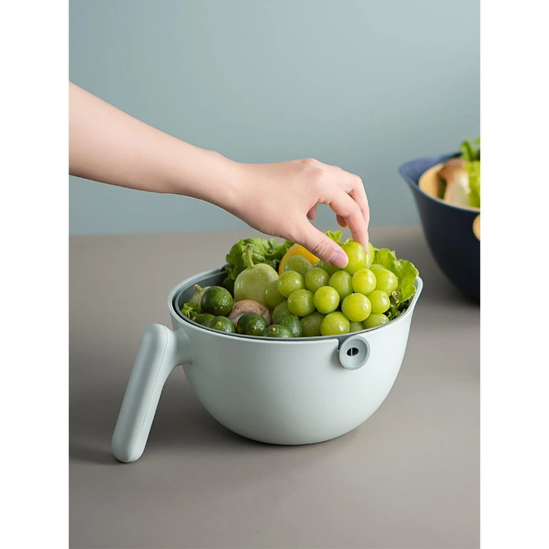 北欧风沥水篮洗菜盆双层塑料水果盆厨房多功能把手收纳蓝创意菜盆