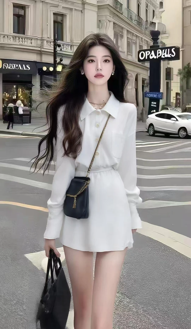 小众休闲风白色长袖百搭衬衫上衣+白色显瘦半身裙两件套时尚女装