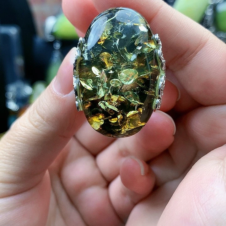 琥珀裸石银S925镶嵌戒指