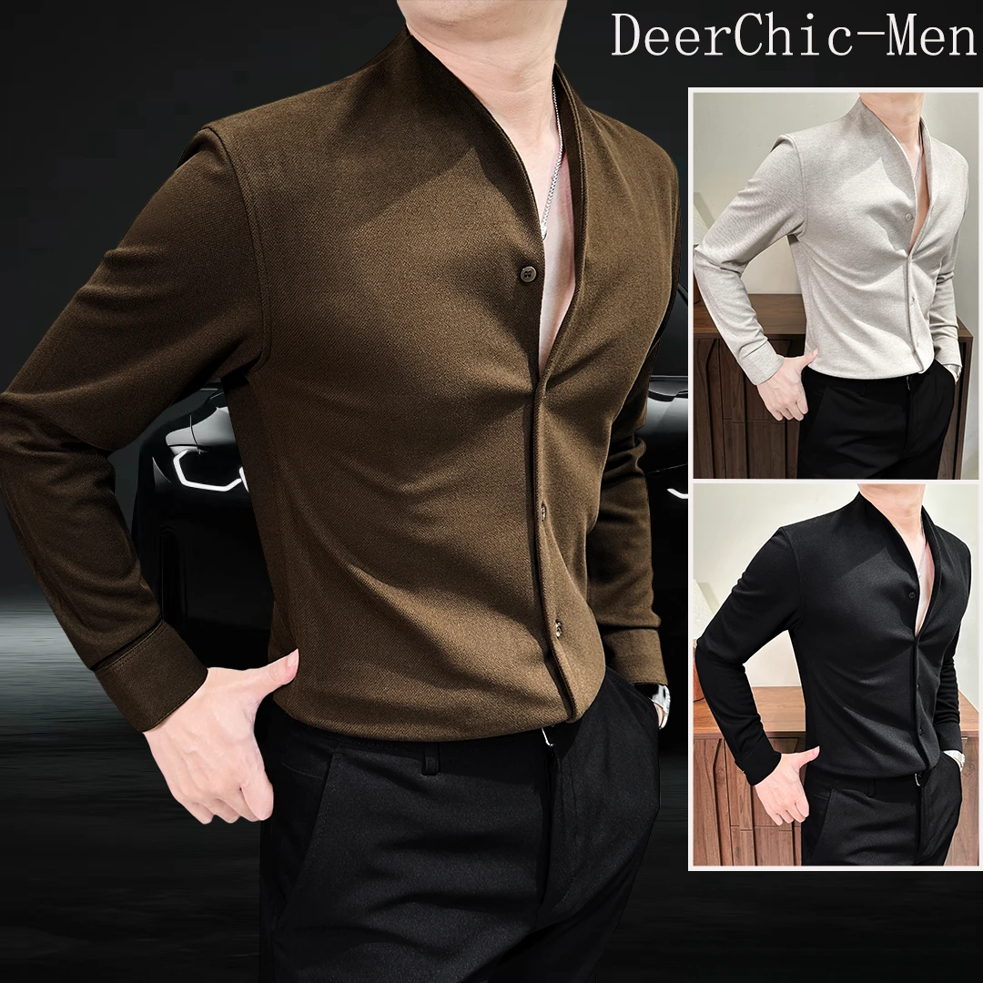 V领毛呢衬衫男款长袖设计师男装高级感新款保暖羊毛无领男士衬衣