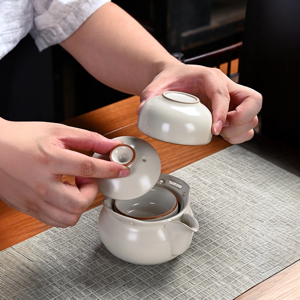 顾竹汝窑手抓茶壶一壶两杯三杯家用酒店旅行茶具