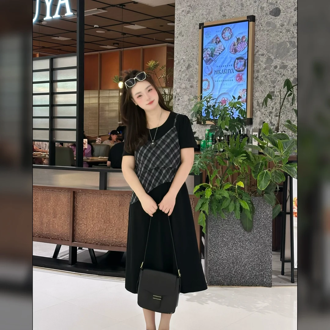 楠序【半夏】魏魏微胖女装夏季新款百搭显瘦假两件连衣裙女NX13628