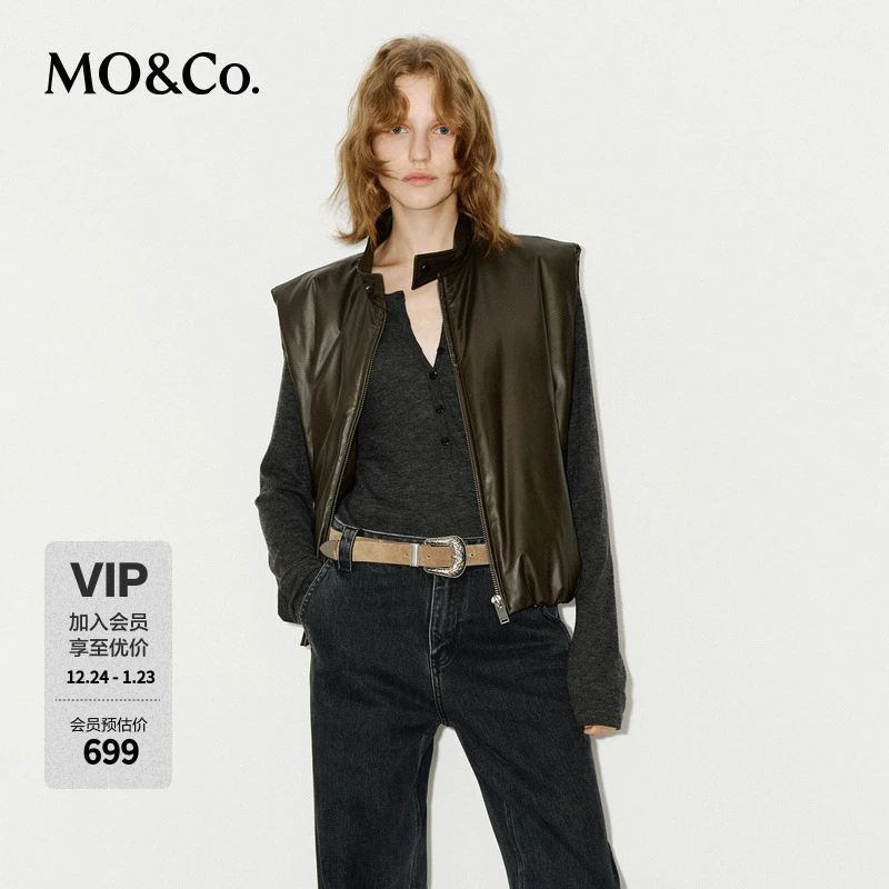 MOCO羽绒服冬双重套色擦色短款素皮马甲外套MBD4EIN030