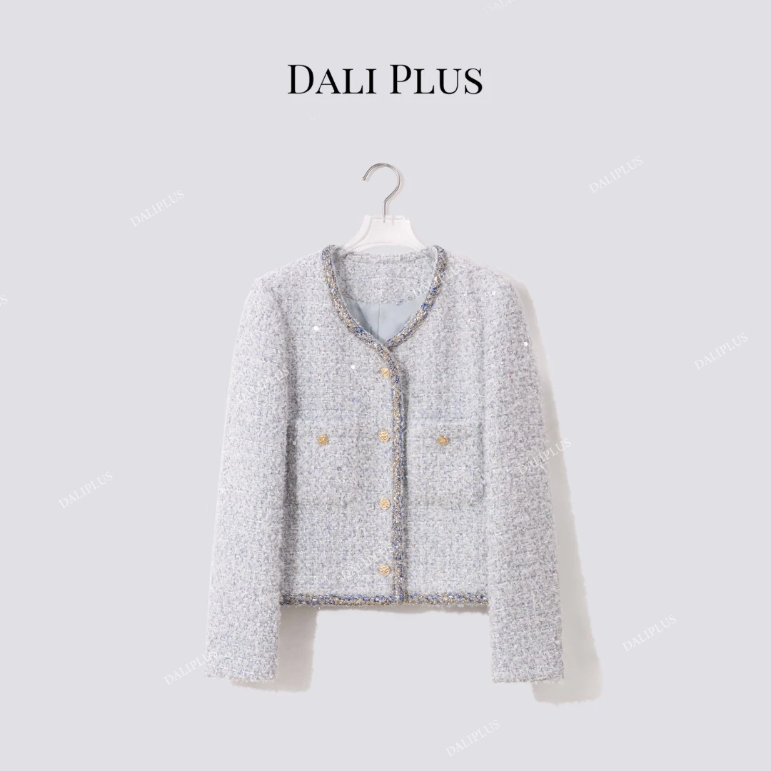 DALI PLUS“蓝金香风”法式单排扣编织带外套-D5CH4836