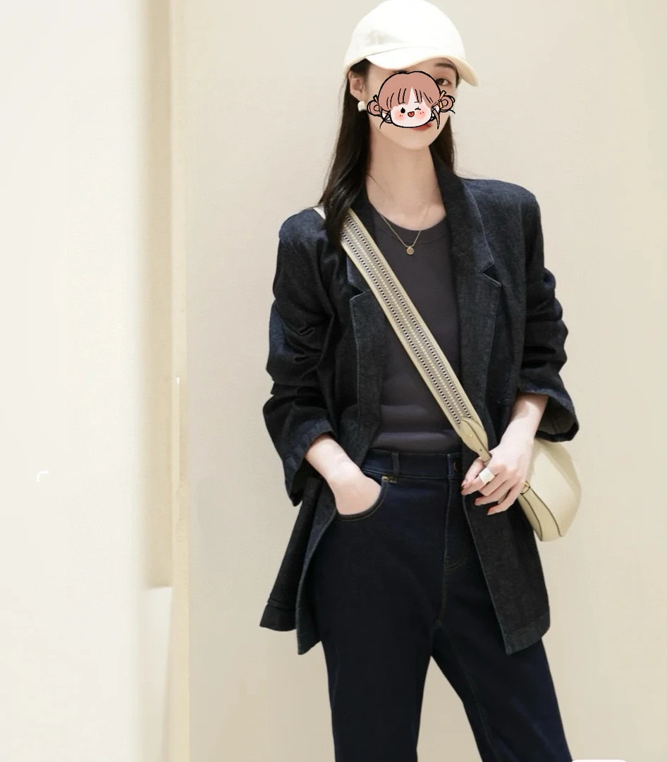 小河同款2用袖可挽双排扣男女同款牛仔西服牛仔衣外套