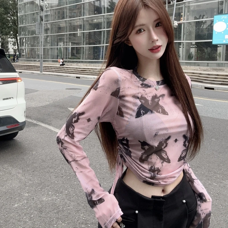 甜辣妹抽绳收腰长袖T恤女2025春薄款印花小众多巴胺网纱上衣