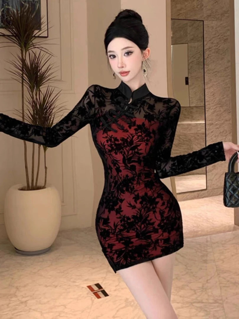 小白家复古新中式盘扣旗袍裙性感收腰包臀连衣裙长短款3367