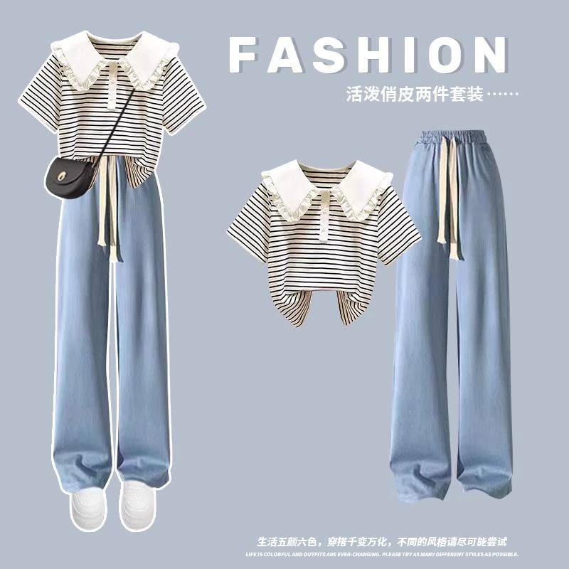 范哲萨女童套装夏季2025新款时尚女中大儿童Polo领t恤+休闲阔腿裤