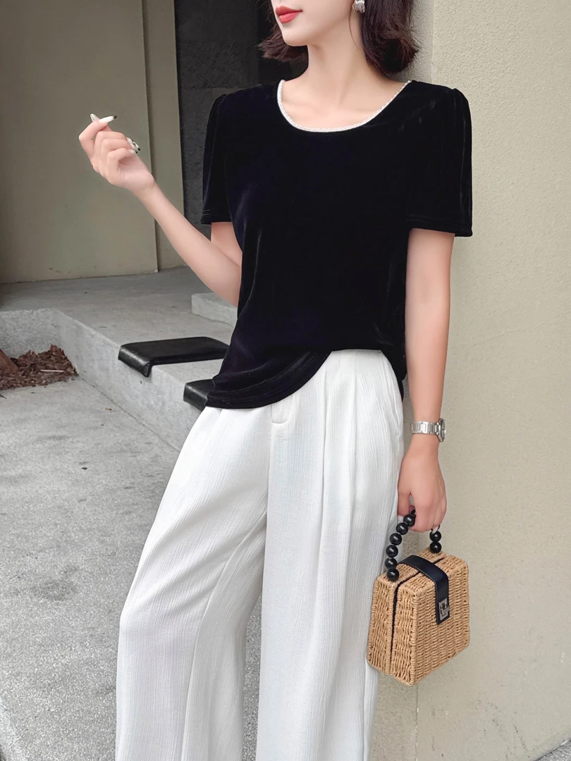 腻子严选夏季时尚百搭显瘦圆领短袖后背蕾丝女上衣T恤2566
