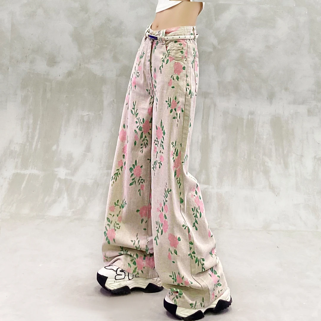 帅气粉色印花水洗休闲牛仔裤女秋新款高腰宽松显瘦百搭直筒阔腿裤