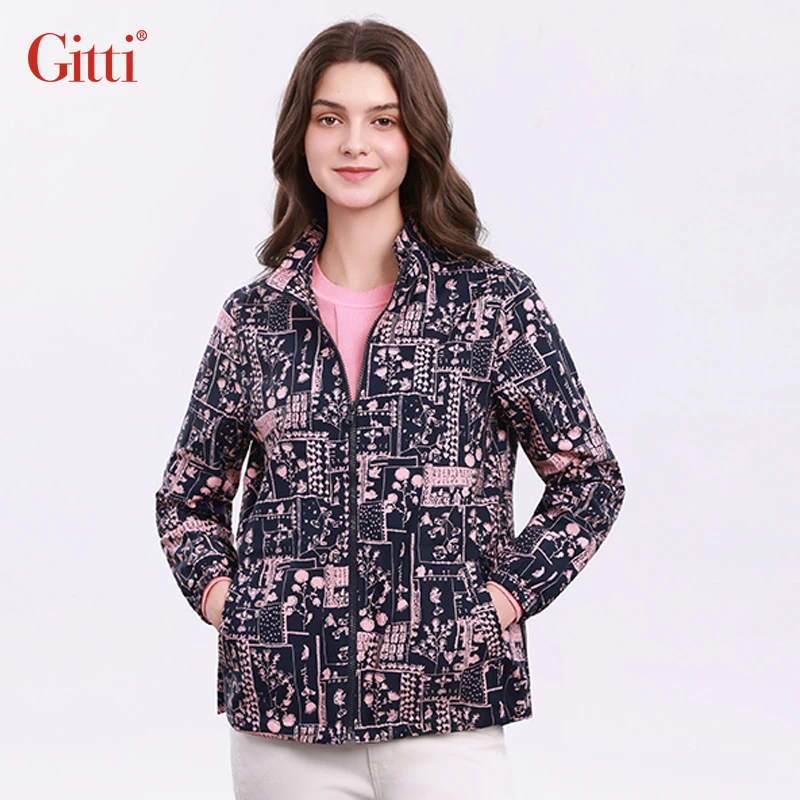 吉蒂GITTI印花短款风衣女新款休闲宽松百搭加厚保暖外套G255480