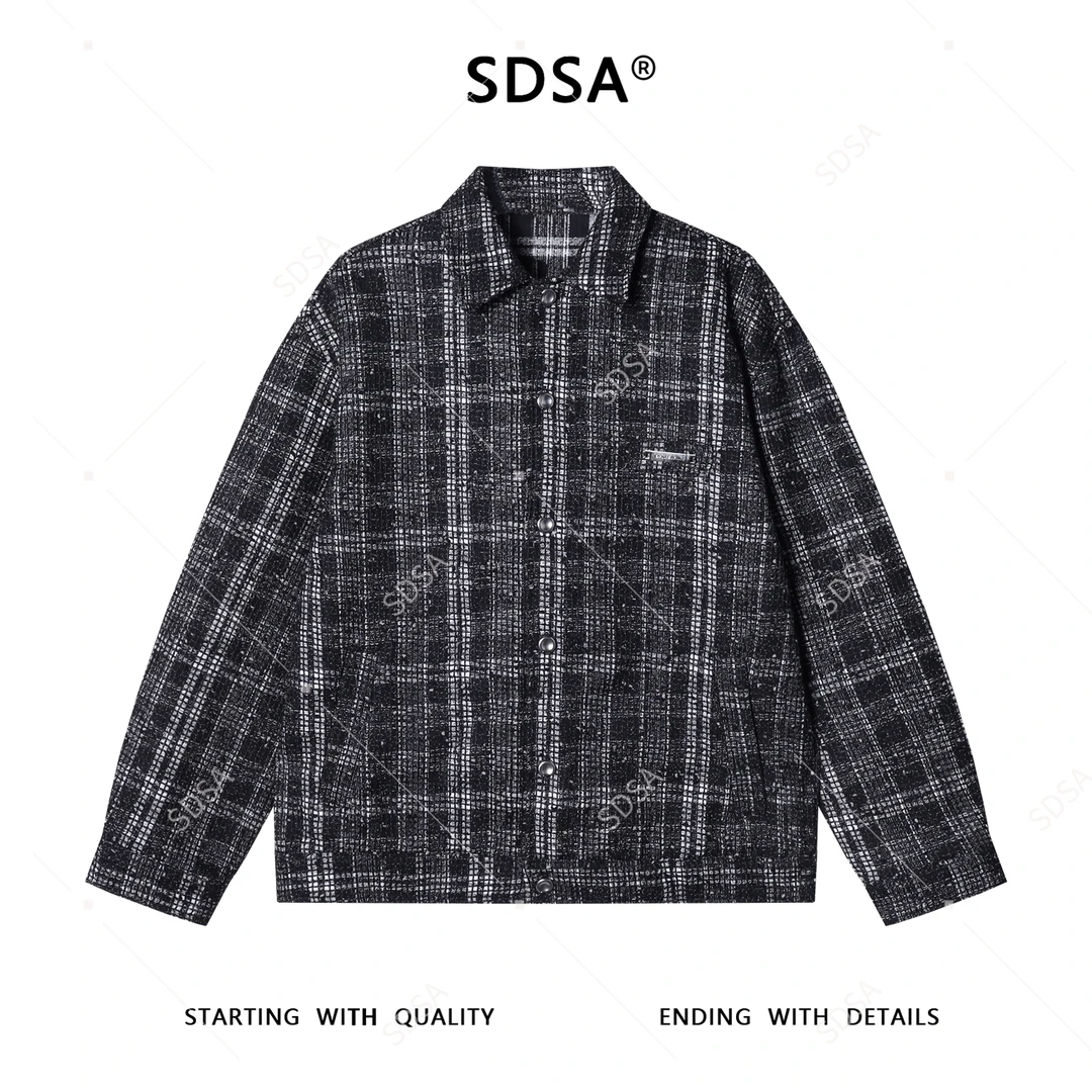 SDSA男士秋冬新款痞帅男装潮牌网格格纹设计纽扣翻领夹克百搭时尚