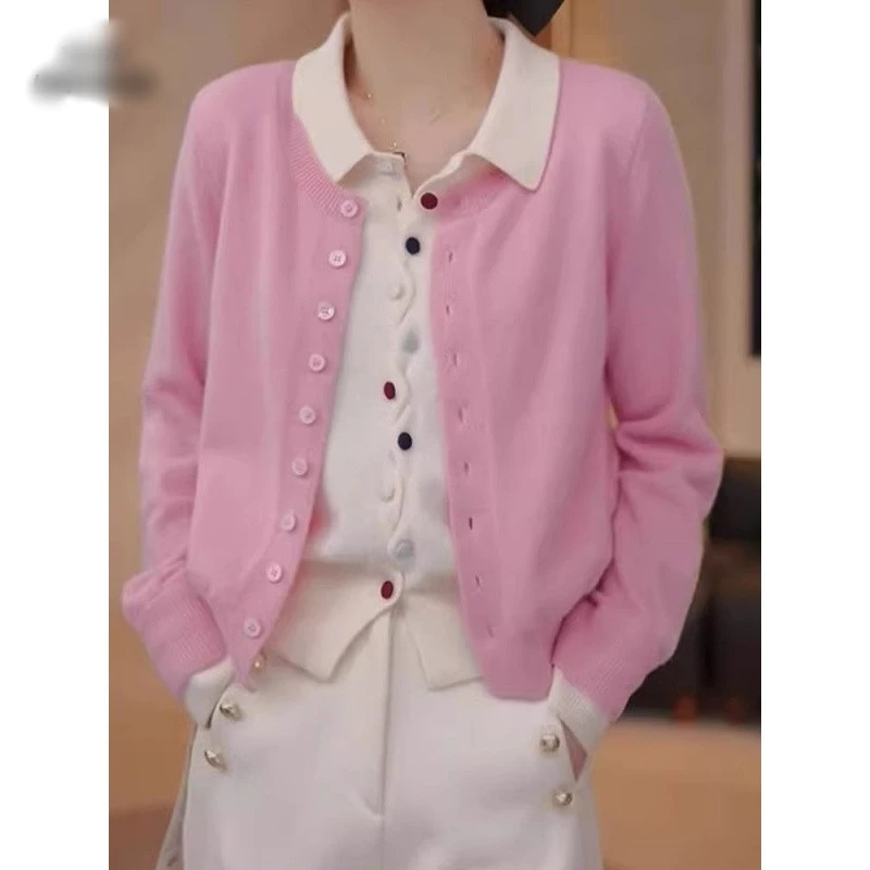 2025新款春季女翻领针织假两件款毛针织衫长袖女装开衫纯欲风