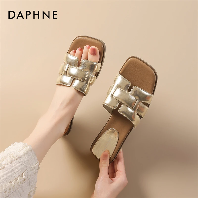 达芙妮方头编织平底一字拖鞋女2025夏外穿凉拖度假低跟露趾凉鞋S