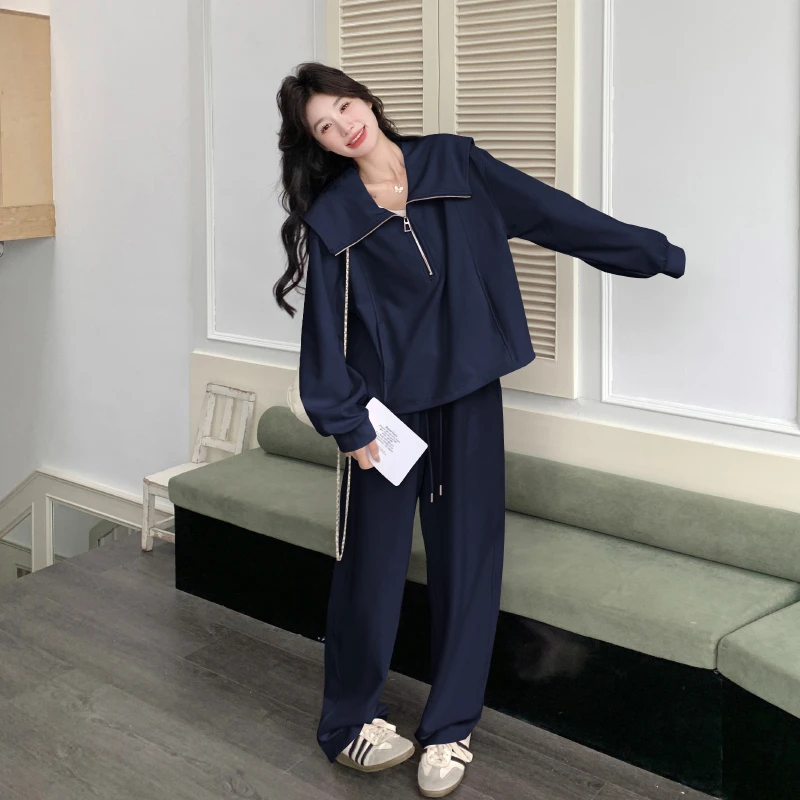 藏青色卫衣阔腿裤套装女2025春秋季新款韩系时尚小个子休闲两件套