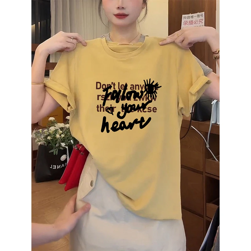 短袖T恤女2025夏季新款韩版宽松字母印花洋气黄色正肩爆款上衣潮
