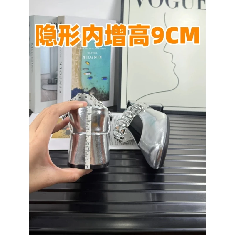 羊皮版~内增高9cm英伦风玛丽珍高跟鞋女2025爆款小个子银色单鞋