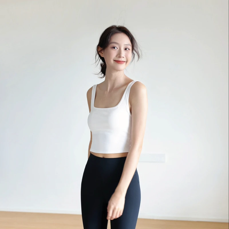 棉质带胸垫方领背心女短款性感美背防走光露脐打底无袖吊带衫上衣