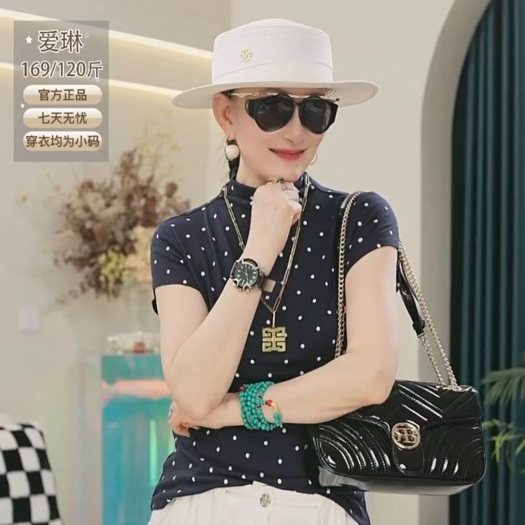 爱舞夏季服饰圆点高领短袖衫2615洋气显瘦打底衫修身时尚上衣T恤