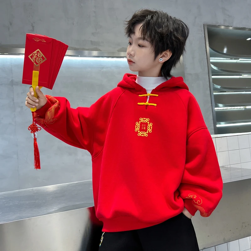 男童拜年服2025新款儿童喜庆本命年红色加绒卫衣冬季新年衣服唐装