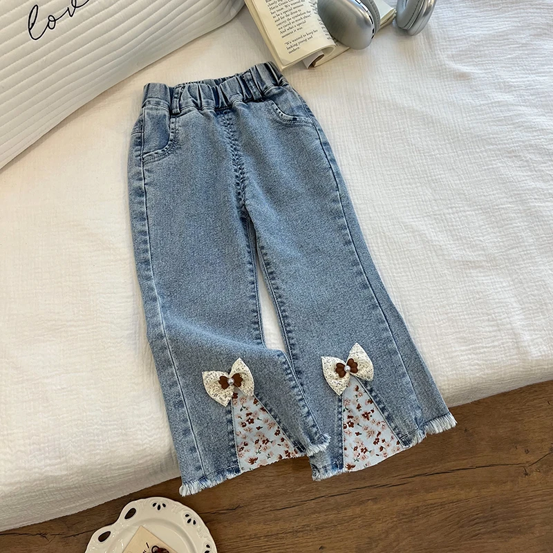女童牛仔裤洋气蝴蝶结喇叭长裤儿童宝宝休闲百搭修身裤702