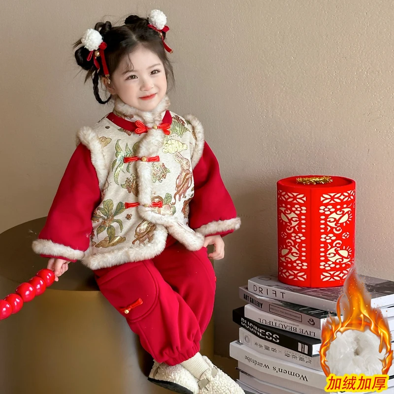 女童加绒冬季汉服套装拜年服女宝宝加厚唐装新年装中式保暖国风潮